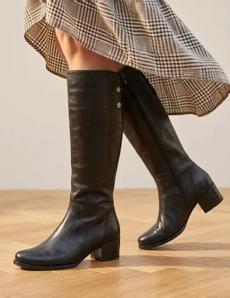 Jones Bootmaker Leather Block Heel Knee High Boots Black