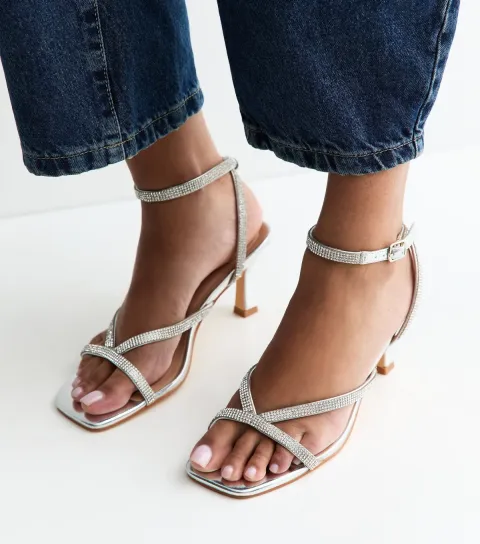 Women's Wide Fit Silver Faux Leather Metallic Diamanté Strap Sandals Vegan