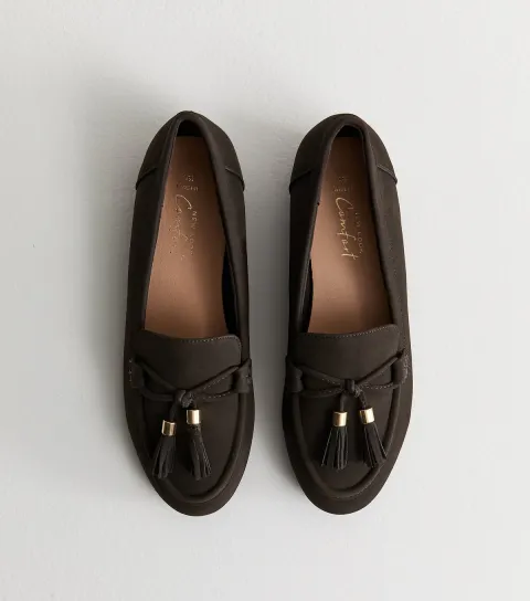 Women's Wide Fit Brown Faux Suede Tasseled Loafers Vegan