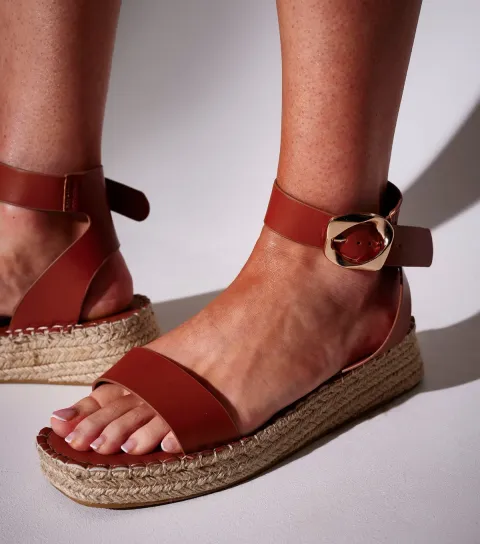 Women's Tan Faux Leather Espadrille Wedge Sandals