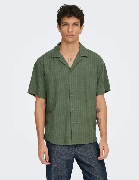 Only & Sons Regular Fit Textured Check Short Sleeve Shirt Khaki