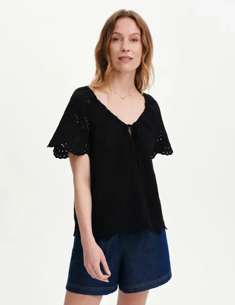Finery London Pure Cotton Embroidered Drawstring Top Black
