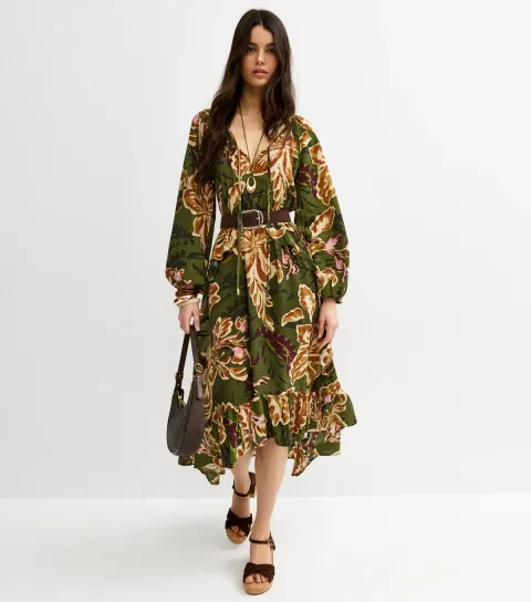 Women's Green Floral Ruffled Hem Midi Dress