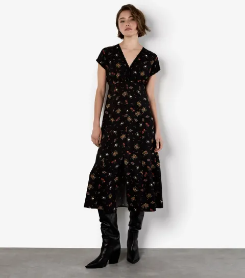 Women's Black Floral Heart Print Ditsy Dress