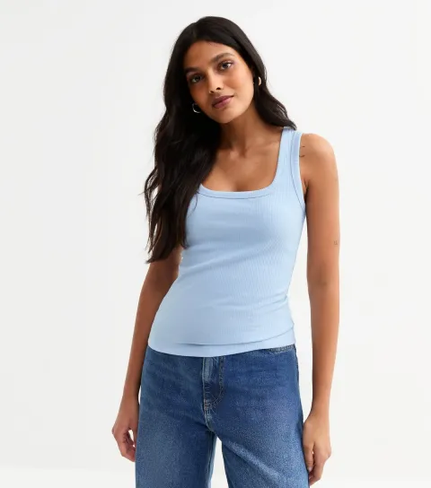 Women's Light Blue Ribbed Square Neck Vest Top