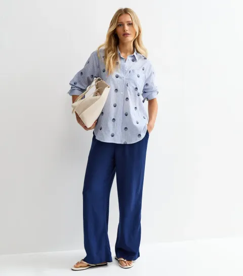 Women's Navy Linen Look Wide Leg Drawstring Trousers