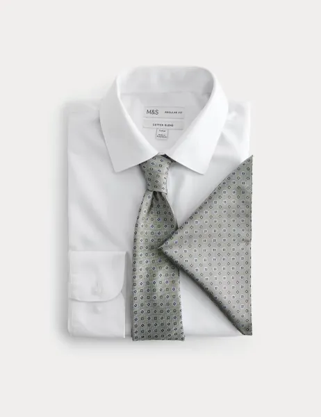 Marks & Spencer 3 Piece Regular Fit Easy Iron Shirt & Tie Set Green Mix