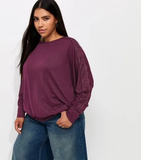 New Look Women's Plus Size Dark Burgundy Soft Touch Lace Trim Batwing Sleeve Top Curves
