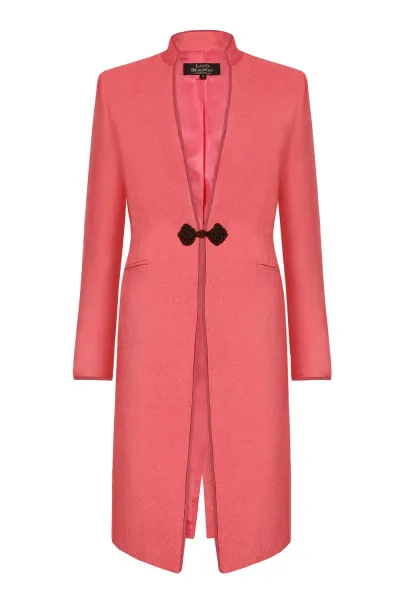 Coral Dress Coat in Summer Brocade with Cord Trim and Frogging - Vicky