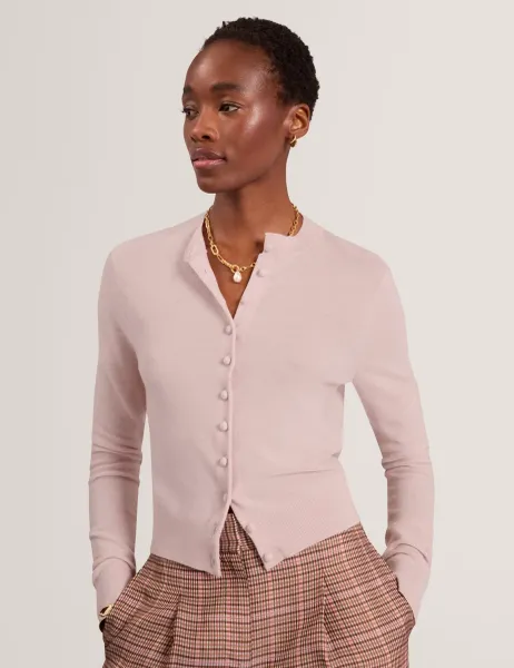 Pure Wool Crew Neck Button Front Cardigan Pink