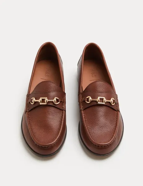 Marks & Spencer Leather Trim Block Heel Loafers Tan