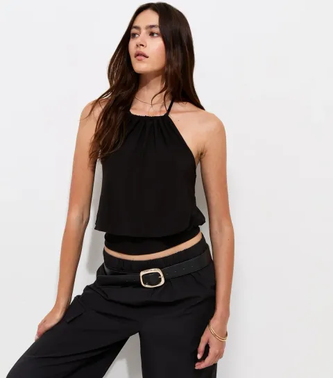 Women's Black Fitted Waistband Bubble Hem Halter Neck Cami Top