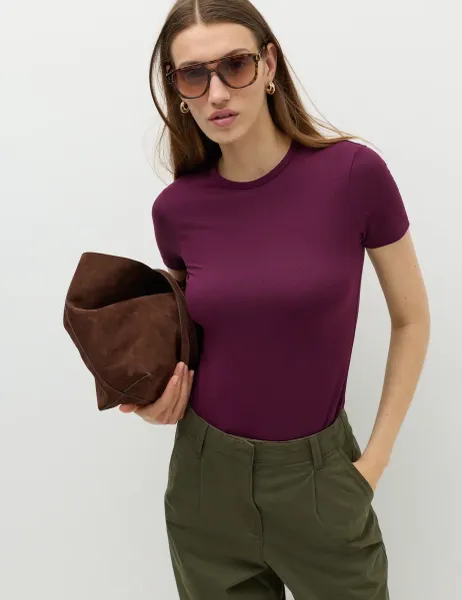 Marks & Spencer Crew Neck Soft Touch T-Shirt Dark Mulberry