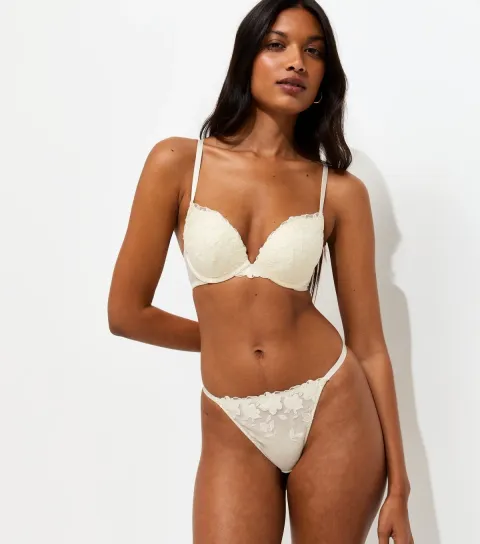 Women's Cream Floral Applique Thong