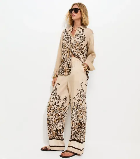 Women's Brown Tiger Print Wide Leg Trousers