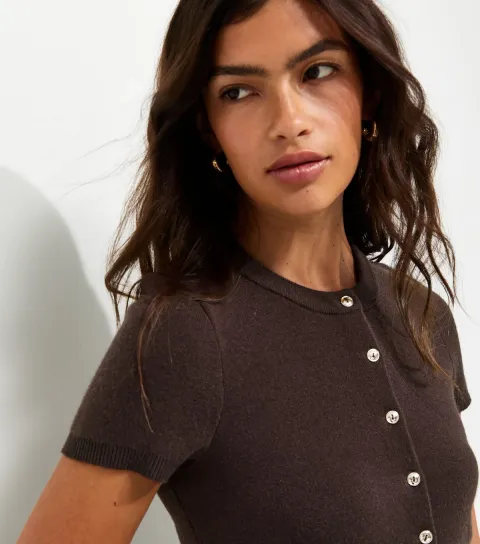 New Look Women's Dark Brown Compact Knit Cap Sleeve Buttoned Top