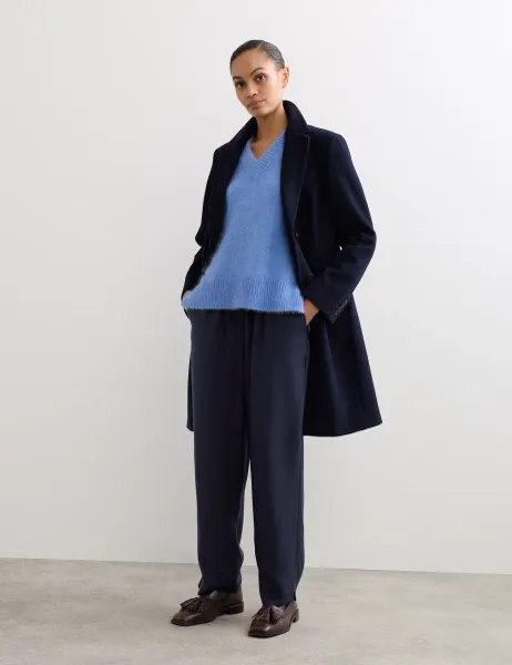 Jaeger Lyocell Rich Elasticated Waist Tapered Trousers Navy