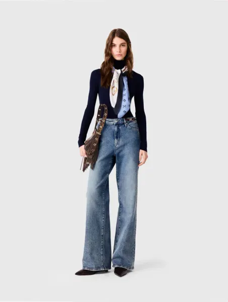 Maje Wide-leg leather buckle jeans
