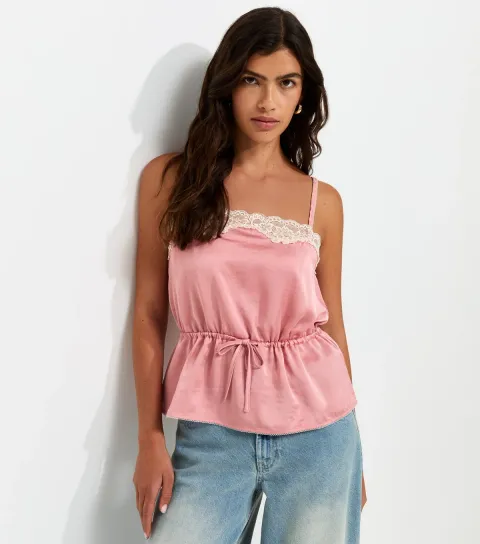 Women's Pink Satin Lace Trim Tie Waist Cami Top