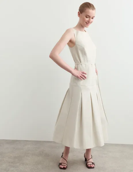 Jaeger Cotton Blend Pleated Midi Waisted Dress Silver Grey