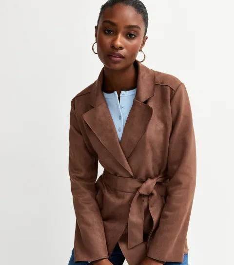 Women's Dark Brown Faux Suede Belted Jacket