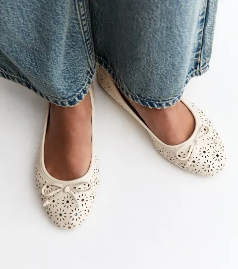 Women's Extra Wide Fit White Floral Cutout Ballet Pumps Vegan