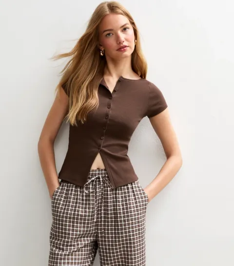 Women's Brown Ribbed Button Up Baby Tee