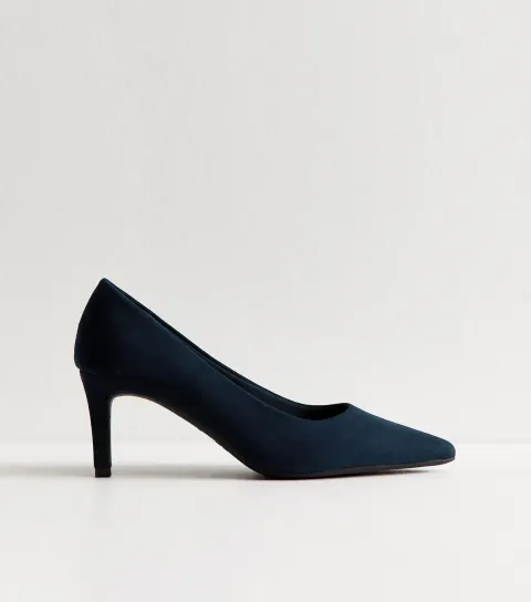 Women's Navy Faux Suede Mid Stiletto Heel Court Shoes Vegan