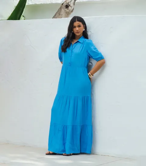 Women's Bright Blue Button Through Skater Maxi Dress