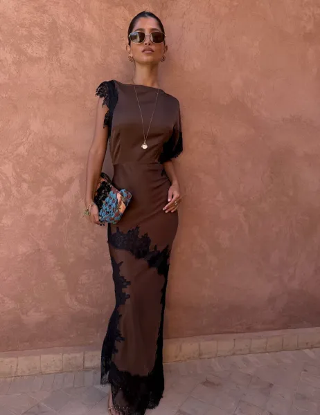 Never Fully Dressed Printed Midi Waisted Dress Brown Mix