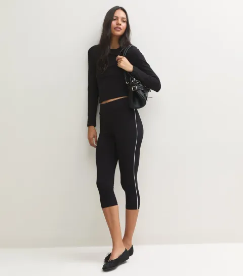 New Look Women's Black Cotton Rich High Waist Side Stripe Capri Leggings