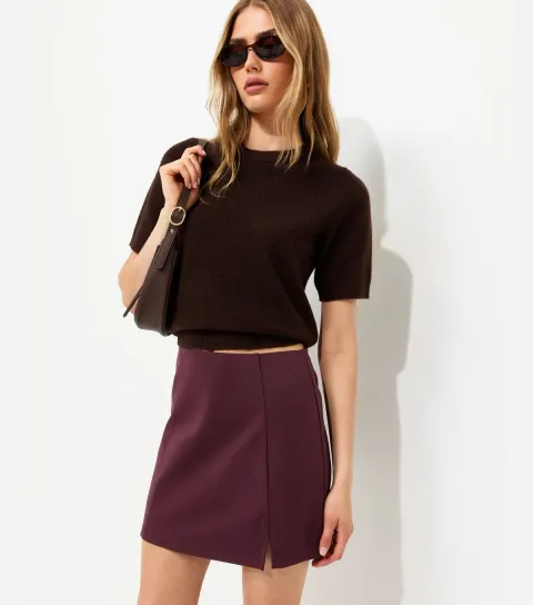 Women's Dark Burgundy Jersey Front Split Front Mini Skirt