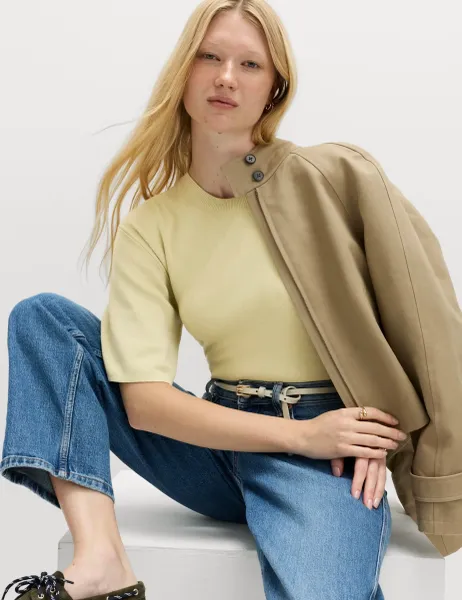 Marks & Spencer Crew Neck Waisted Slim Fit Knitted Top Camomile