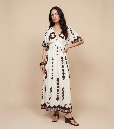 Women's Brown Geometric Print Angel Sleeve Maxi Dress