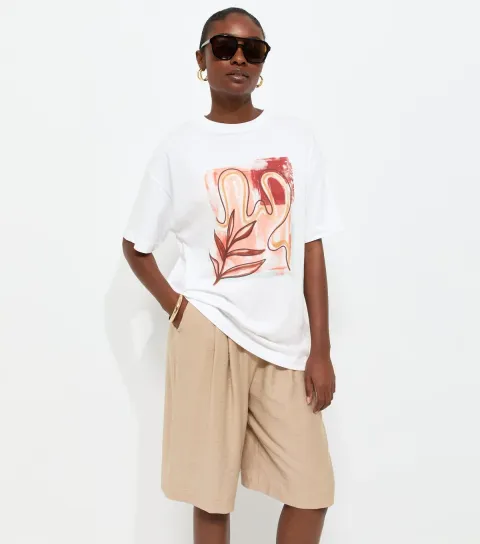 Women's White Cotton Abstract Print Oversized T-Shirt