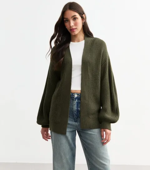 Women's Khaki Balloon Sleeve Chunky Knit Cardigan
