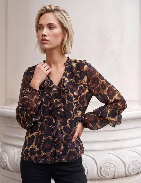Roman Animal Print Ruffle Top Chocolate