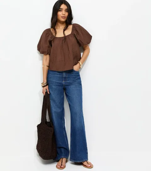 Women's Dark Brown Square Neck Puff Sleeve Blouse