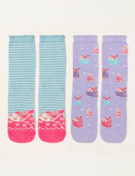 FatFace 2 Pack Cotton Rich Pig Ankle High Socks Multi