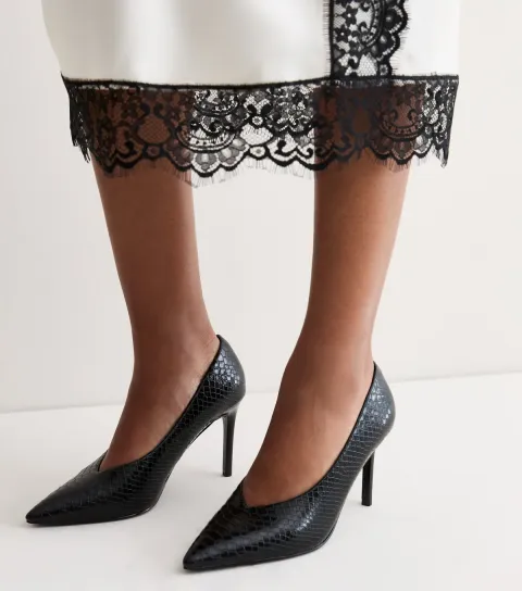 New Look Women's Black Faux Leather Snakeskin Effect High Vamp Pumps Vegan