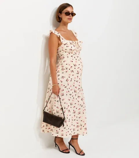 Women's Maternity Cream Floral Ruff Strappy V Midi Dress