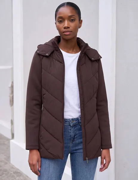 Roman Petite Chevron Quilted Hooded Coat Chocolate