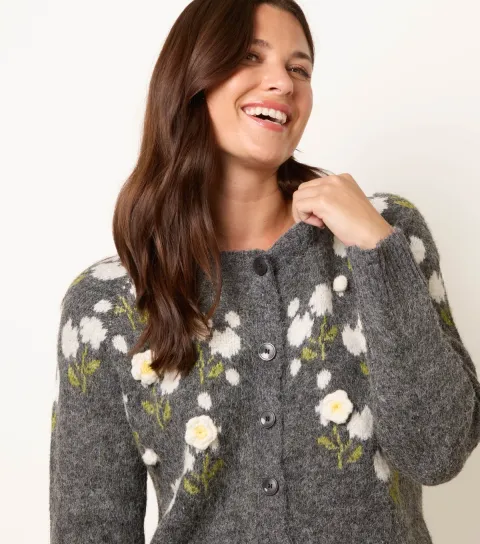 Blue Vanilla Women's Dark Grey Floral Knit Cardigan