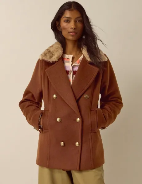 Monsoon Wool Blend Collared Pea Coat Brown