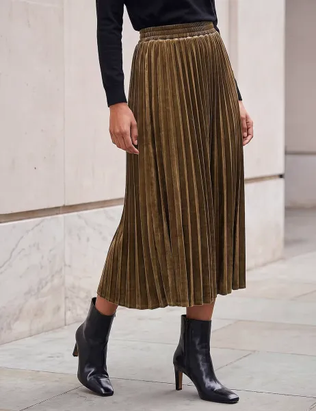 Roman Pleated Velvet Midi Skirt Olive