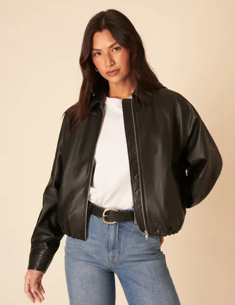 Nobody's Child Leather Cropped Bomber Jacket Black