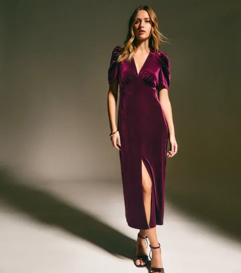Women's Dark Burgundy Velvet Gathered Sleeve Midi Dress