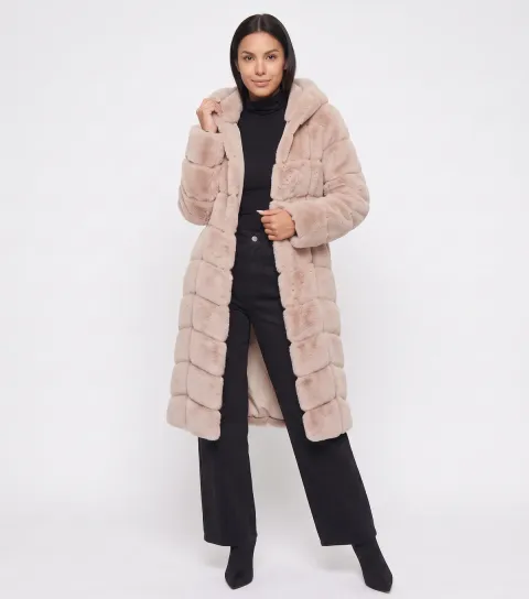 Women's Light Pink Panelled Longline Faux Fur Coat