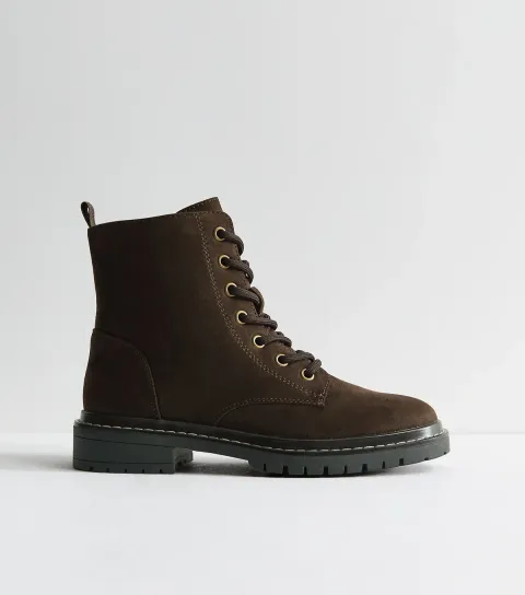 Women's Dark Brown Faux Suede Stitch Trim Faux Lace Up Ankle Boots Vegan