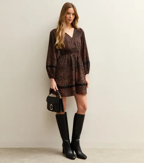 Women's Brown Animal Print Long Sleeve Mini Dress